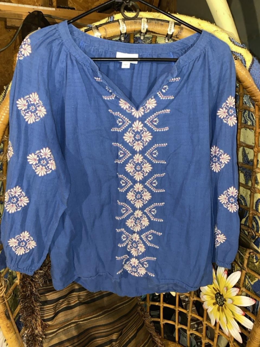 J Jill Embroidered Peasant Tunic Blouse Blue Orange White Geometric Boho